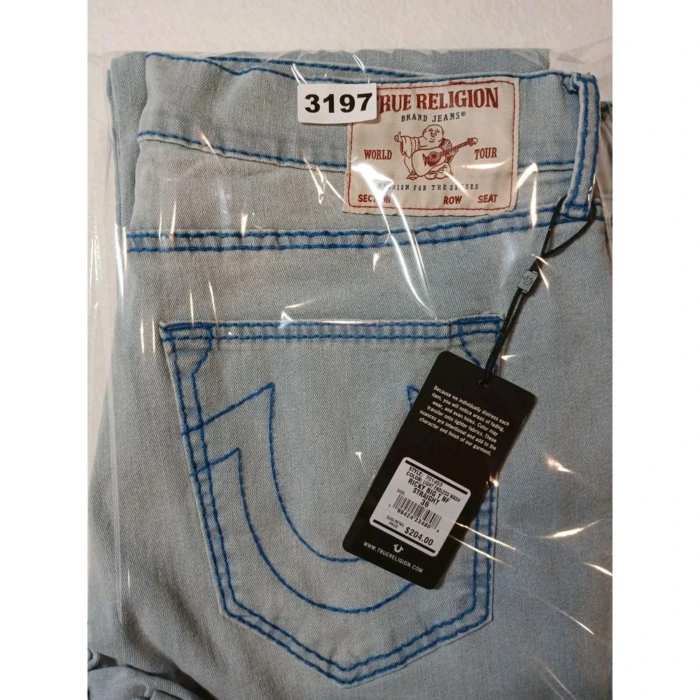 NWT True Religion Ricky Big T Straight Jeans 36x34 Light Endless Wash Blue